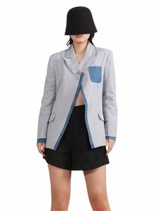 女性用のChicever Streetwear Colorblock Blazers Notched Collar LG Sleeveパッチワークデニムカジュアル気質ブレザー女性新しいE3JW
