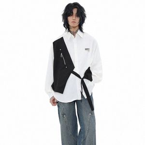 Männer Schwarz Weiß Splice Lg Hülse Lose Beiläufige Streetwear Oversize Fi Shirts Männlich Japan Koreanische Dr Shirts Blusen X8XS #