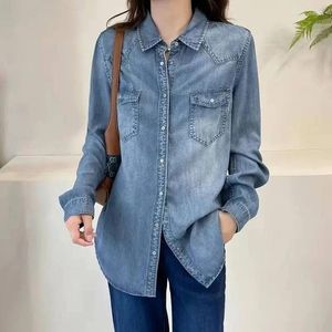 Women's Blouses Spring Autumn Korean Blue Cowboy Shirt Long Sleeve Single Breasted Wash Denim Coat Female Jeans Blouse