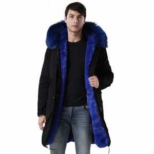 racco Fur Trim Parka Lg Uomo Cappotto di pelliccia caldo e Fi Outwear Giacca foderata in pelliccia sintetica blu T7NR #