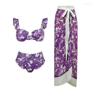 Women's Swimwear 2024 3 Pieces High WaistBikini Set Sexy One Shoulder Women Print Vintage Biquini Skirt Swimming Suit Dress