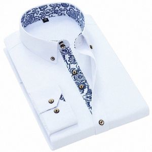 blå-vit porslin krage skjorta män lg ärm koreansk slimfit casual busin dr skjortor fast färg vit skjorta cott e0d5#