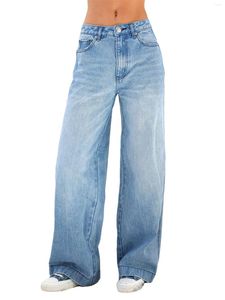 Kvinnors jeans kvinnor hög midja baggy bred ben denim rak casual löst byxor med fickklassisk streetwear