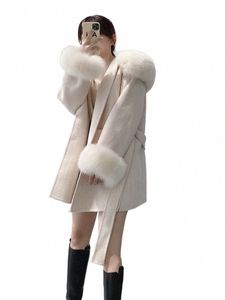 2023 Real Fur Coat New Oversize Ladies Outerwear Winter Jacket Women Natural Fox Fur Collar Cuffs Hood Cmere Wool Woolen t0JX#