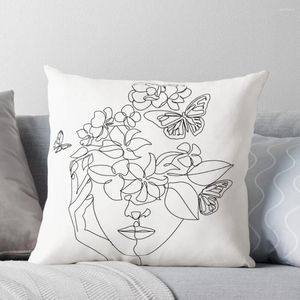 Pillow Abstract Face With Flowers By One Line Vector Drawing. Portrait Minimalistic Style. Botanical Print. Nature Symbol Throw