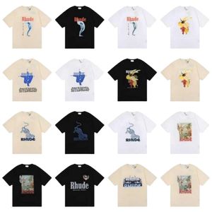 Rhude Camiseta Designer Qualidade Original Marca de Verão Impresso Camiseta Homens Mulheres Pescoço Redondo Camisetas Primavera Verão High Street Estilo Qualidade Tees Tamanho S-XL