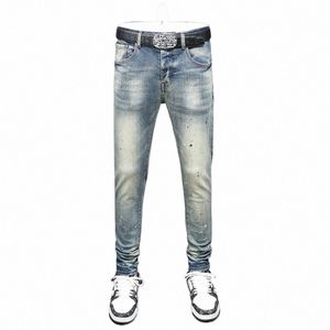 high Street Fi Men Jeans Retro Wed Blue Stretch Slim Fit Ripped Jeans Men Painted Designer Hip Hop Brand Pants Hombre O7Do#