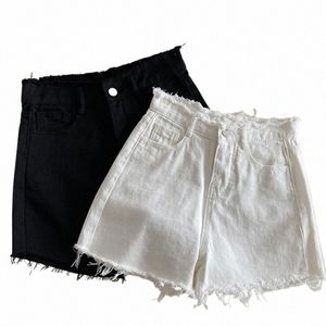 Pantaloncini bianchi a vita alta per le donne Pantaloni corti in denim estivi sfilacciati morbidi e sciolti Pantaloni versatili femminili neri Jean P5h5 #