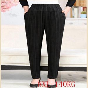Calças femininas outono e inverno tamanho grande de alta elasticidade casual 6xl 7xl 8xl moda feminina bolso elástico calças de cintura alta.