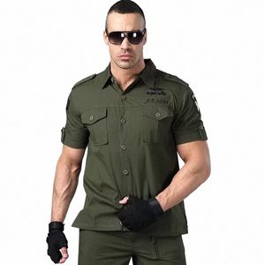 Мужская рубашка цвета хаки с коротким рукавом в стиле милитари Мужская блузка Пилот Камуфляж с двойным карманом Свободная армейская зеленая 2024 Новая модель мужской рубашки s8zq #