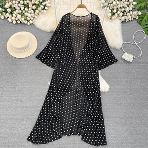 Blusas femininas polka chiffon protetor solar roupas femininas longo solto xale preto outerwear praia férias cardigan