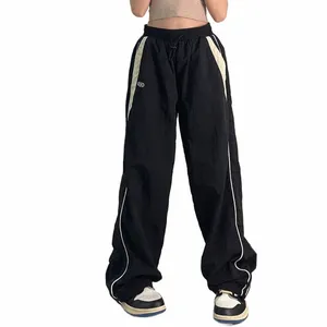 kvinnor våren retro solid lös dragkroppsbyxor avslappnade joggar baggy wide ben sweatpants mid midja sportiga y2k kvinnliga kläder t9c1#