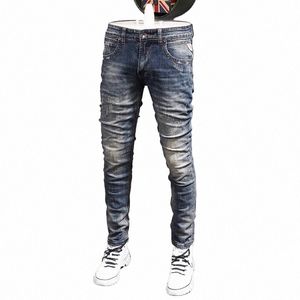 Italienische Fi Männer Jeans Retro Blau Elastische Slim Fit Zerrissene Jeans Männer Hosen Vintage Designer Casual Denim Hosen Hombre O6rG #