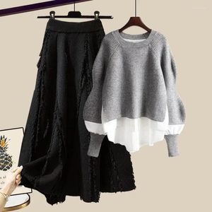 Work Dresses Fall Winter Women Sweater Skirt Sets Casual Knitted Tops A-line Dress 2 Piece Outfits Female Suits