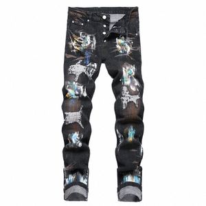 Jeans denim dipinti da uomo Toppe con patta patchwork Pantaloni elasticizzati neri Fori strappati Pantaloni affusolati slim distred H01l #