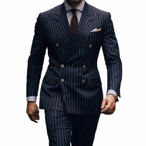 navy Blue Suit For Men Stipe Wedding Groom Tuxedo 2-Piece Double Breasted Busin Blazer Set Daily Jacket Pants Terno Masculino N6As#