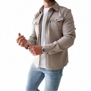 Outono Homens Camisa Casual Jaqueta Lapela Casacos Casacos Juventude Single-Breasted Cor Sólida Undergnt Slim Vintage Camisa Masculina C3F9 #