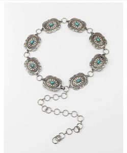 Fashion Antique Silver Alloy Western Floral Conchos with Turquoise Womens Chain Belt 240318