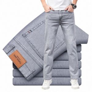 2024 verão fino masculino elástico cott jeans fi cinza confortável busin em linha reta calças casuais de alta qualidade marca calças r0am #