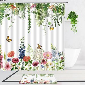 Shower Curtains Blooming Flowers Curtain Set Colorful Green Leaves Butterfly Birds Spring Bathroom Bath Mat Decorations