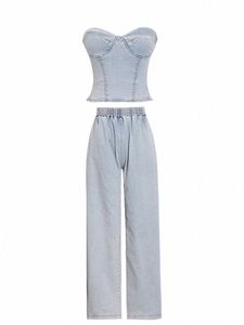 twotwinstyle Sets Two Pieces Denim Vest Off Shoulder Crop Top High Waist Straight Lg Trousers Jeans 2022 Spring New Sets b9R6#