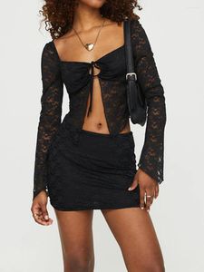 Work Dresses Fashion Women Skirt Set Long Sleeve Tie-Up Sheer Crop Top With Low Waist Mini Bodycon Clubwear Lace Outfit