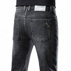 2024 clássico masculino busin perna reta jeans elástico fi casual qua denim calças primavera outono preto cinza azul p5h1 #