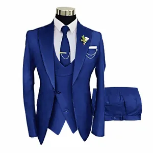 الدعوى الأزرق الملكي لرجال الزفاف DR العريس Tuxedo 3 قطعة مجموعة سترة سترة سترة رسمية الرجال الأنيقة بدلة مخصصة