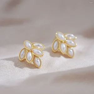 Stud Earrings Gold Color Leaf Shape Shimmer Pearl Marquise Female Temperament Wedding Party Earring 2024 Jewelry