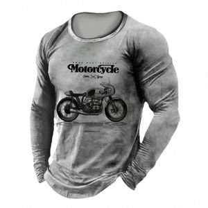 Mäns vintage kläder LG Sleeve Top 3D Tryckt motorcykelmönster svart t-shirt enkel casual rund nacke överdimensionerad topp h0rj#