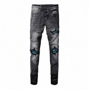 street Fi Men Jeans Retro Black Gray Stretch Skinny Fit Ripped Jeans Men Blue Leather Patched Designer Hip Hop Brand Pants k3oZ#