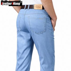 classic Style Summer Men's Light Blue Thin Straight Jeans Busin Casual Stretch Denim Pants Male Brand Loose Trousers e8Sm#