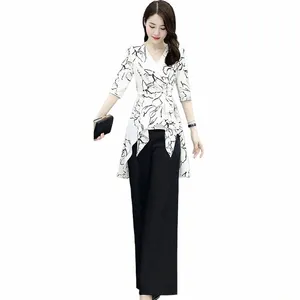 Elegant Slim Print Two Piece Set Women Summer Thin Office Suit Fi V-hals Half Sleeve Tops Hög midja breda benbyxor kostym 92v9#