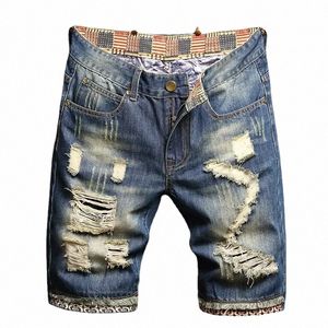 Sommer Ripped Denim Shorts Jeans Herren Fünf Viertel Lose Größe Medium Hosen Fi Marke Persality Beggar 92ED #