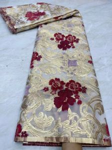 Tygröd och guldbrokadspetstyg 5yards Gilding Damask Jacquard Tyg 2023 för sömnad Vintage Dress African Organza Fabric