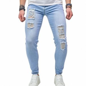 Streetwear Stylish Ripped distraherad mager blyertspenna Jeans Male Hip Hop Holes Stretch Denim Pants for Men g80a#