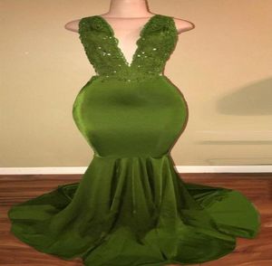 African Olive Green Mermaid Prom Dresses Satin Pärledspets Appliced ​​Sweep Train Arabiska fest Kvällsklänningar HY2126798028