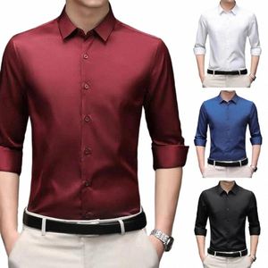 Primavera e Verão Lg-sleeved Men's Shirt Thin Busin Dr Ice Silk Rugas Resistente N-iring Solid Color Collar C8yA #