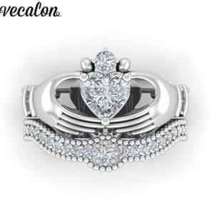 Bröllopsringar Vecalon Luxury Lovers Claddagh Ring 1CT 5A Zircon Cz White Gold Filled Engagement Band Set for Women Men288L