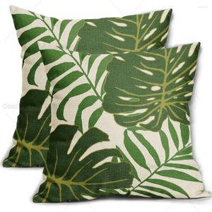 Kissenbezüge mit tropischen grünen Blättern, 2er-Set, moderner, botanischer Palmenblatt-Kissenbezug, Leinen, quadratischer Bezug für Sofa, Couch, Bett