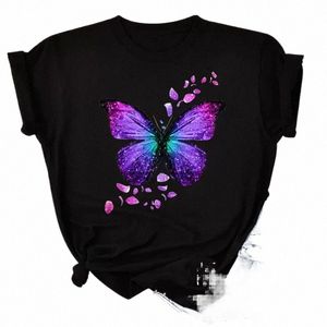 Yeni Fi Kadın T-Shirt Renkli Kelebek Petal Baskı Kısa Kol ve Yuvarlak Boyun Sevimli Grafik Tişörtleri Kadın Üstleri kumaş S5SG#