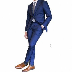 Abiti per uomo Matrimonio Sposo Blu Monopetto Risvolto con risvolto Blazer Masculino Giacca a due pezzi Pantaloni Slim FIt Fi Elegante l1u3 #