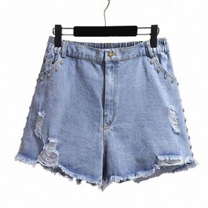 150kg Plus Size Mulheres Verão Solto Shorts Jeans Rasgado Frisado Reta Calças Perna Larga Azul Hip 154cm 5XL 6XL 7XL 8XL 9XL j37F #