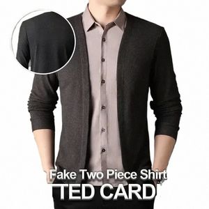 Camisa falsa de duas peças masculina, gola de malha, cardigã de manga lg, camisa masculina de alta rua falsa, duas peças, cardigã de combinação, o7ce #