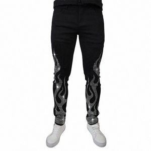 2021 Мужские эластичные черные джинсы скинни Slim Fit Hot Drill Punk Streetwear Байкерские брюки Мужские джинсовые брюки-карандаш со стразами T5oy #