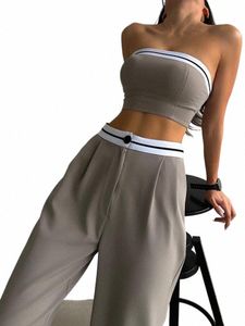 сексуальный женский спортивный костюм с Boob Tube Top Sl Neck Ctrast Color Широкие брюки Спортивный костюм для женщин Комплект из двух частей Outfit X1Fv #