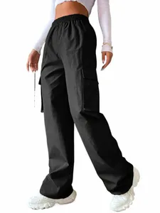 women's Wide Leg Cargo Pants with Solid Flap Pockets and Loose Fit G2Kf#