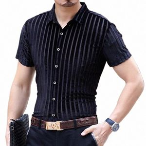 2022 Summer Blue Elastic Velor Shirts For Mens korta ärmar Transparente Veet Dr Shirts Striped Silk Stretch Clothes Club S9H6#