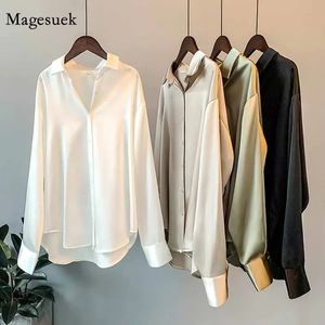 Seda coreano escritório senhoras elegante camisa blusa feminina moda botão acima camisa de cetim vintage branco manga longa camisas topos 11355 240322