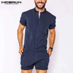 Men's T-Shirts Striped Men Rompers Breathable Stand Collar Short Sleeve Joggers Playsuits Streetwear Fashion Men Jumpsuits Shorts S-5XL24328